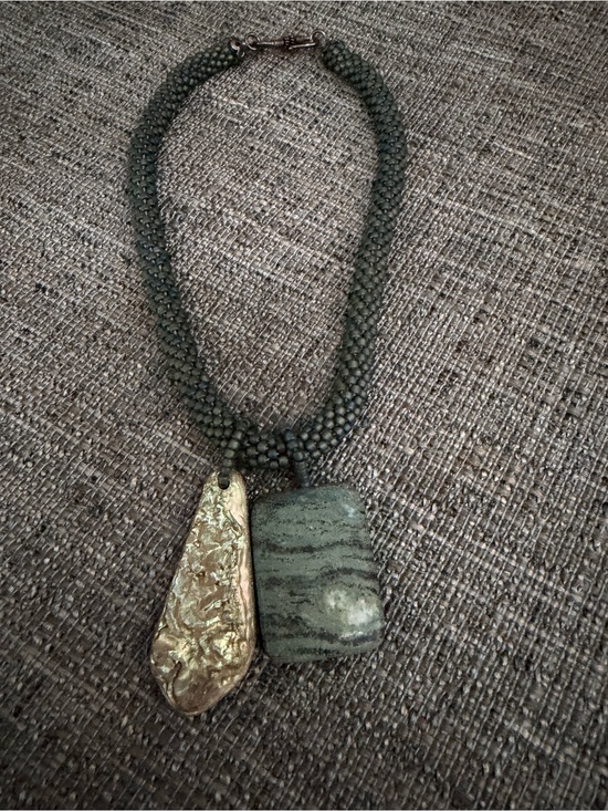 Hand Crafted Jewelry - Reversible Hand Crafted Green Beaded Necklace with Gold and Green Pendants